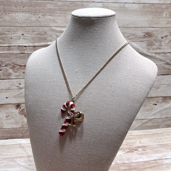 NIB 20” Candy Cane Necklace Gold Toned chain and Candy Cane with Rhinestones - Picture 6 of 6